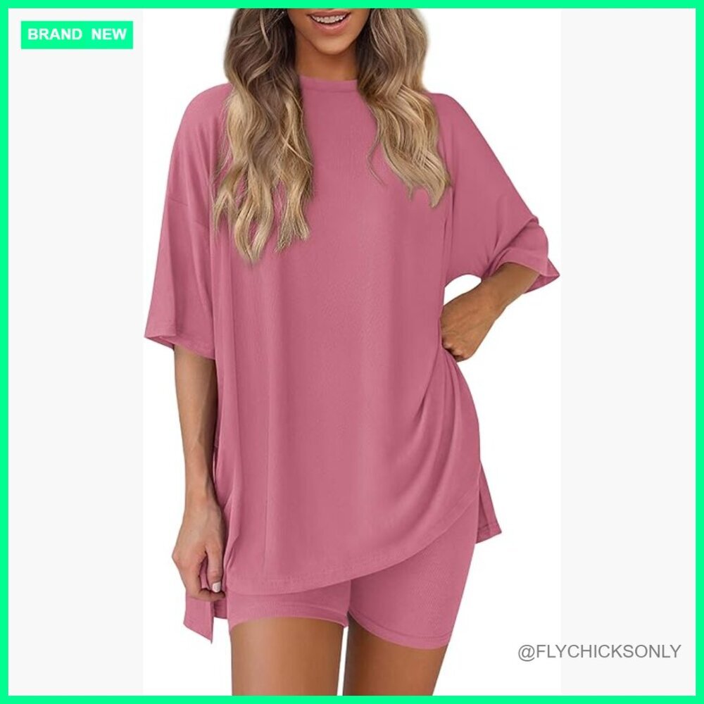 2 Piece Lounge Set Oversized Shirt Biker Shorts Matching Outfit